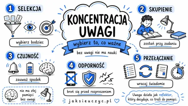 Jak skupić się na nauce: selekcja, skupienie, czujność, odporność i przełączanie uwagi. Klucz do zapamiętywania.