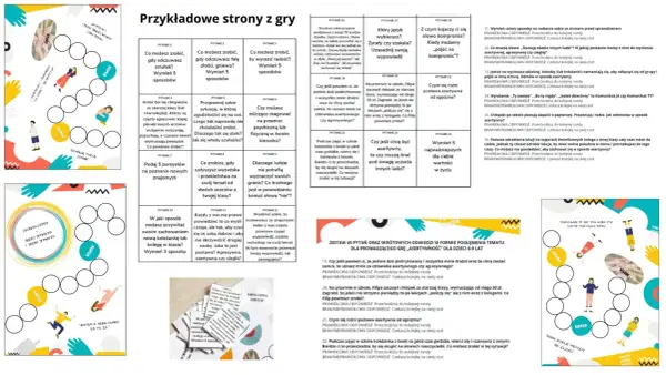 Plansza z pytaniami do gry "Przykładowe strony z gry", która pomaga w treningu asertywności ćwiczenia.