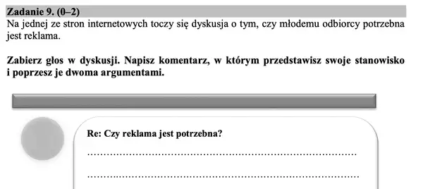 Zadanie o typach argumentów: dyskusja o potrzebie reklamy dla młodego odbiorcy. Napisz komentarz, przedstawiając stanowisko i dwa argumenty.